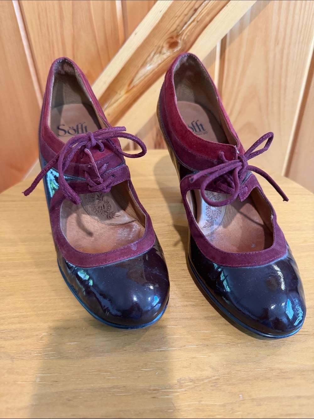 Söfft Two-Tone Burgundy Patent and Suede Lace-Up Heels
